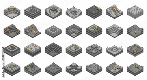 Collection of isometric 3D terrain tiles with varied geological formations and golden accents, suitable for game development.