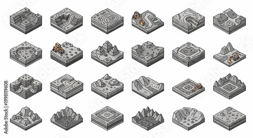 Collection of isometric terrain tiles for game development, featuring varied landscapes and structures.