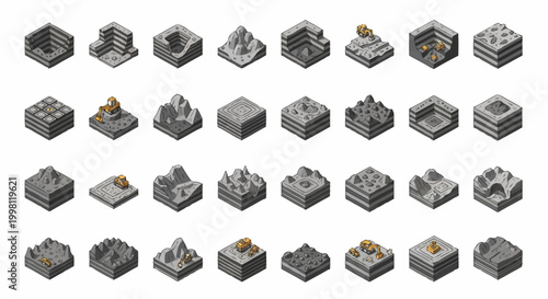 Isometric 3D game assets representing various terrain types and building blocks for strategy games.
