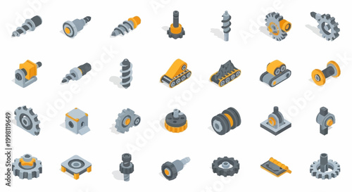 Collection of isometric industrial machine parts and components, including gears, screws, and mechanical elements.