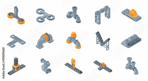 Set of isometric industrial pipeline components and equipment, isolated on white background.