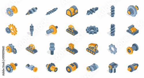 Collection of isometric industrial machine parts and components, including gears, screws, and mechanical elements.
