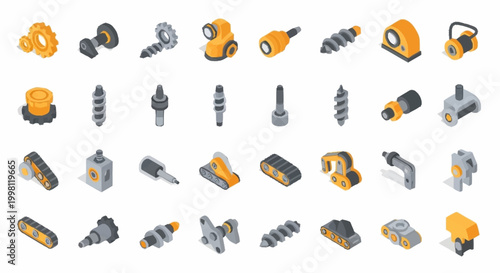 Isometric set of industrial mechanical parts and components, gears, screws, shafts, and tracks.