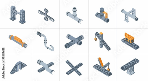 Collection of isometric industrial parts and components, including pipes, joints, and structural elements, on a white background.