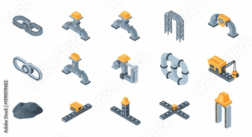 Isometric industrial elements and construction components including pipes, chains, and machinery.