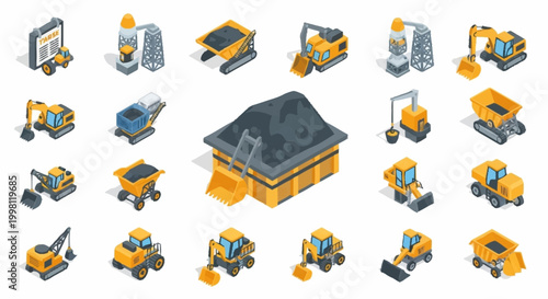 Collection of isometric construction and mining equipment icons, including excavators, loaders, dump trucks, and mining facilities.