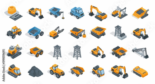 Isometric set of construction and mining vehicles and equipment, isolated on white background.
