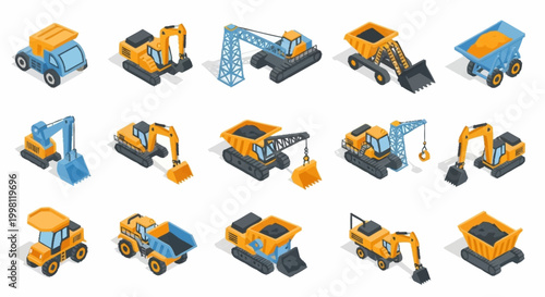 Collection of isometric construction vehicles and heavy machinery on a white background.