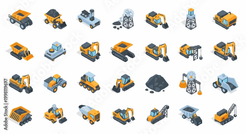 Collection of isometric construction and mining vehicles and equipment, isolated on white background.
