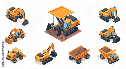 Collection of isometric construction vehicles and heavy machinery, including excavators, dump trucks, and loaders, isolated on a white background.