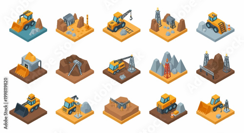 Collection of isometric construction site icons with excavators, bulldozers, and cranes, representing building and industry.