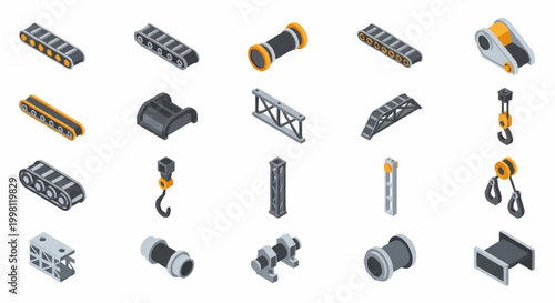 Collection of isometric industrial machine parts and components, including conveyor belts, cranes, and structural elements.