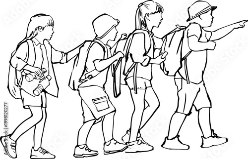 Group of Children Hiking and Exploring Nature Line Art Illustration