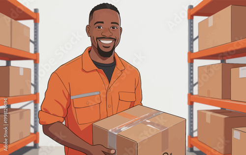 Warehouse worker holding a cardboard parcel in storage facility