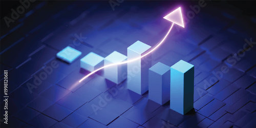 A 3d business graph with an arrow indicating financial growth and market success is displayed on a screen as an illustration of investment progress and profit data against a black background