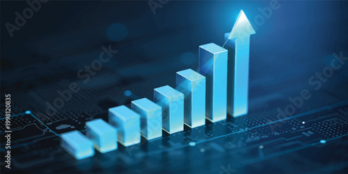 A 3d business graph illustration on a black background shows financial market growth and investment success with an upward arrow indicating profit and economic progress