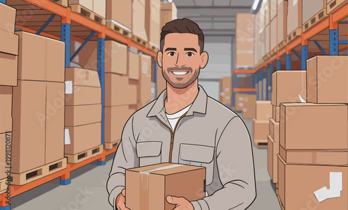 Warehouse worker holding a cardboard shipping box