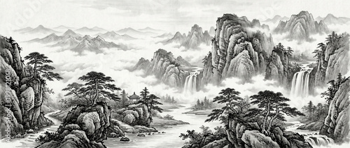 Sumi-e Ink Wash Mountain Landscape Background