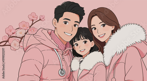 Warm Family Portrait of Parents and Young Daughter in Pink Winter Coats