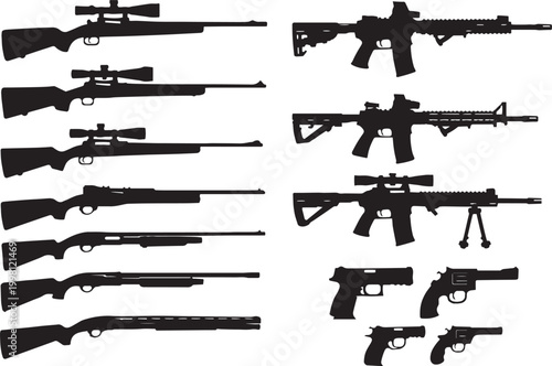 Vector set of military weapons including a black sniper rifle, automatic machine gun, and handgun silhouette with ammunition isolated on white