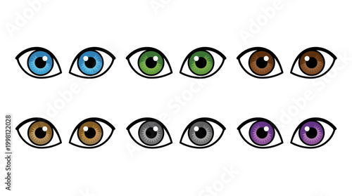 Illustrative pairs of human eyes featuring a vibrant spectrum of iris colors blue, green, brown, grey, and purple, representing diversity in human vision and appearance