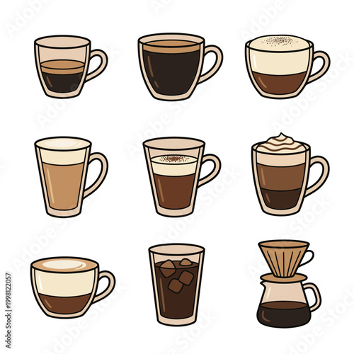 An engaging illustrated collection of diverse coffee beverages, highlighting popular choices like robust espresso, creamy latte, and invigorating cold brew, each in a unique cup