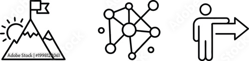 Business strategy icons set featuring mountain peak success flag network connectivity nodes and leadership direction arrow symbols in minimal line art style vector