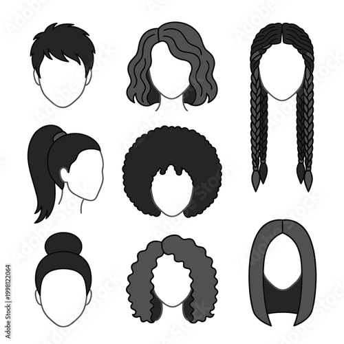 Diverse collection of popular hair designs and styles for women, showcasing various haircuts like braids, curls, bobs, and ponytails, perfect for fashion and beauty projects