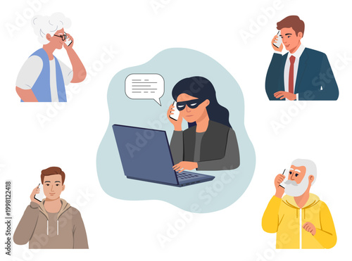 People talking on phones with person using laptop in center, concept of communication and interaction