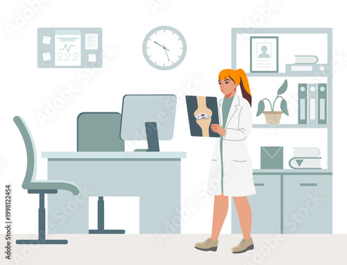 Female doctor examines x-ray in hospital office setting with medical equipment around her