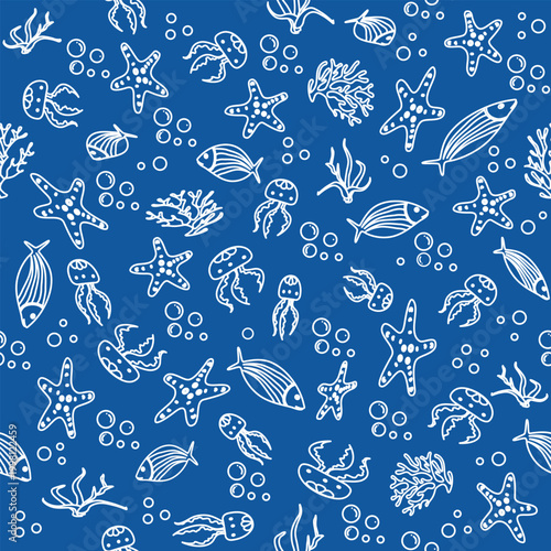 Underwater sea life pattern with fish, starfish, jellyfish, and coral on a blue background