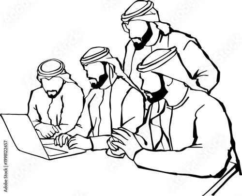 Group of Arab Businessmen Working on Laptop Line Art