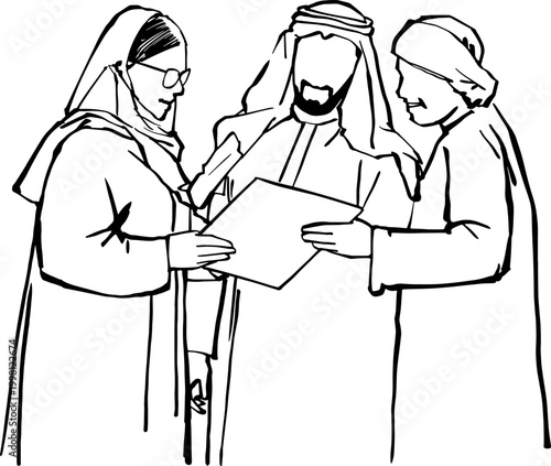 Arab Business Team Reviewing Paper Documents Line Art