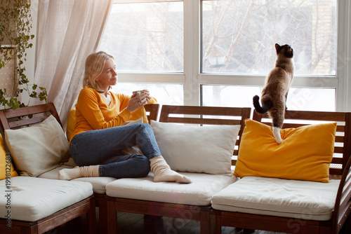 Photos Positive relaxed smiling woman on couch drinking mug of coffee, daydreaming, enjoying pleasant stress free weekend time with cat at home