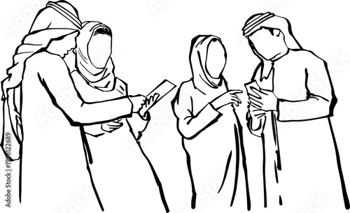Young Arab Men and Women Using Digital Tablets Line Art