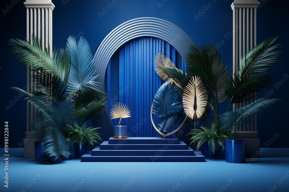 Fototapeta premium Minimal blue podium with green and gold palm leaves for product presentation