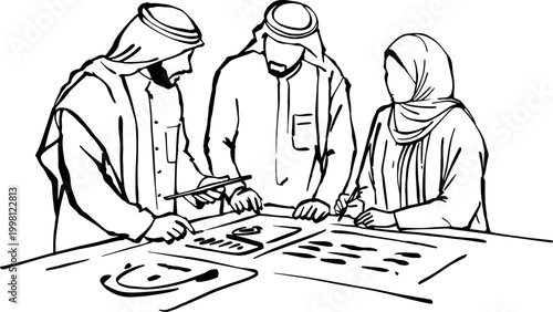Arab business partners in traditional attire reviewing blueprints and documents on a large table.