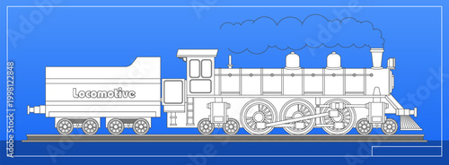 Vector drawing of old large steam locomotive. Vintage railway transport. Graphics, blueprint and line art. Coal wagon