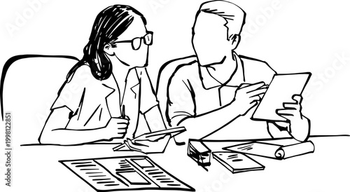 Coworkers Discussing Business Project with Tablet and Documents Line Art