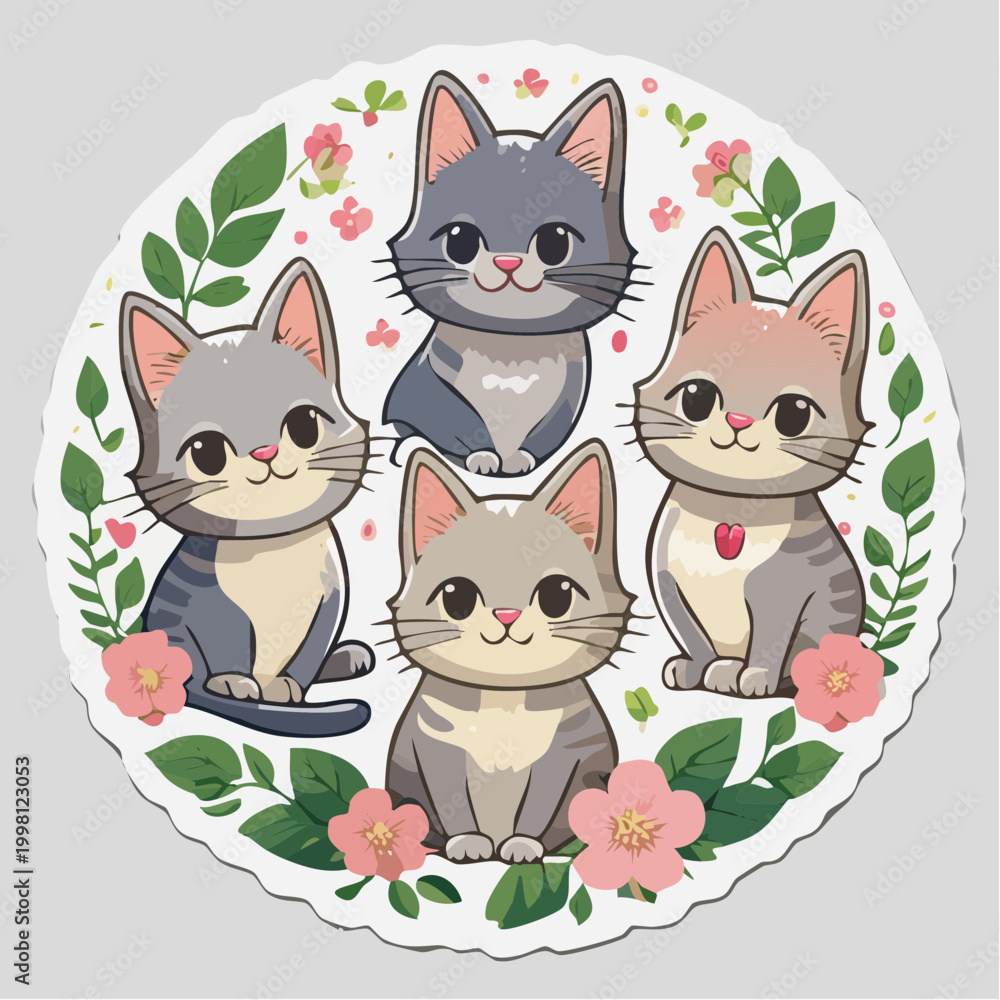 Obraz premium Cute Cartoon Cats Surrounded by Flowers and Leaves