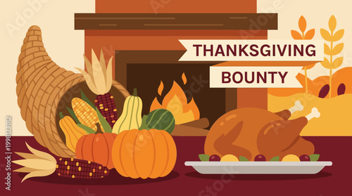 An inviting illustration of a classic Thanksgiving feast, showcasing a golden roasted turkey, an overflowing cornucopia of harvest, and a warm fireplace scene