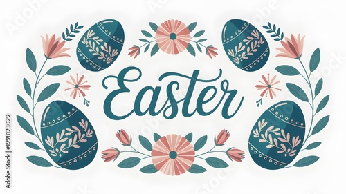 Elegant Easter Wreath with Decorative Eggs and Floral Design on White Background