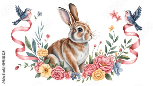 Watercolor Easter bunny with birds and spring flowers in floral wreath illustration