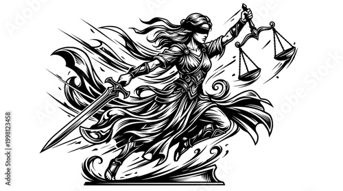 Dynamic Lady Justice T-Shirt Design One Pose Vector