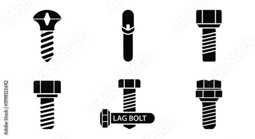 Black screw and bolt silhouettes set of various fastener shapes