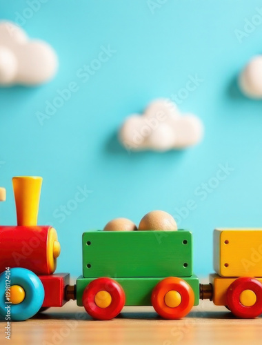 A small toy train decorated with eggs on the front, perfect for Easter-themed illustrations or children's stories