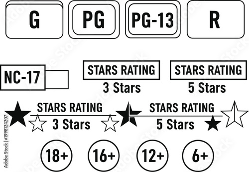 Movie rating system icons and age restriction symbols with star ratings Keywords: G rating, PG rating, PG-13 rating, R rating, NC-17