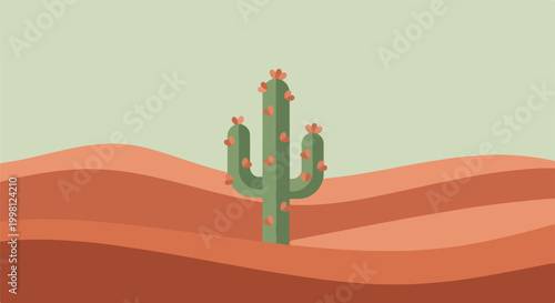 A vibrant cartoon cactus stands tall in a desert landscape with red sand dunes and a green background