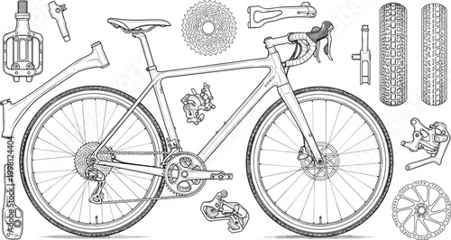 Detailed line drawing of a modern gravel bicycle and its disassembled components Keywords: bicycle, bike, gravel bike, road bike, cycle