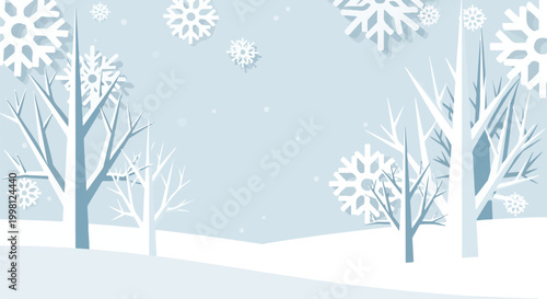 Winter scene with snowflakes falling on trees and snowy landscape in pastel colors